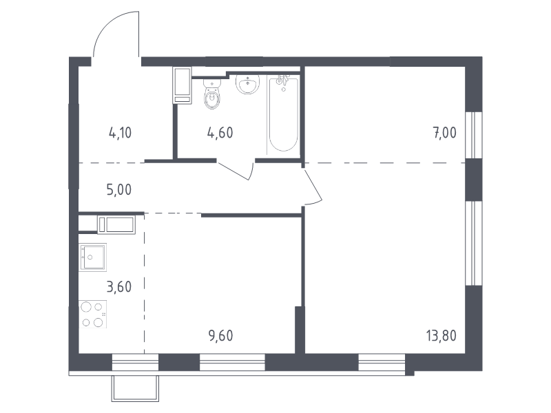 1-комнатная квартира, 47.7 м² в ЖК "Курортный Квартал" - планировка, фото №1