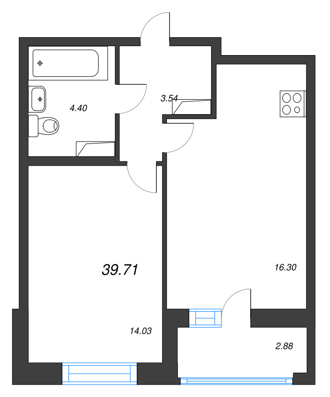 2-комнатная (Евро) квартира, 39.71 м² - планировка, фото №1