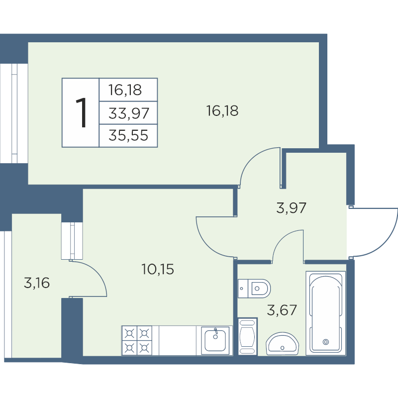 1-комнатная квартира, 35.55 м² - планировка, фото №1
