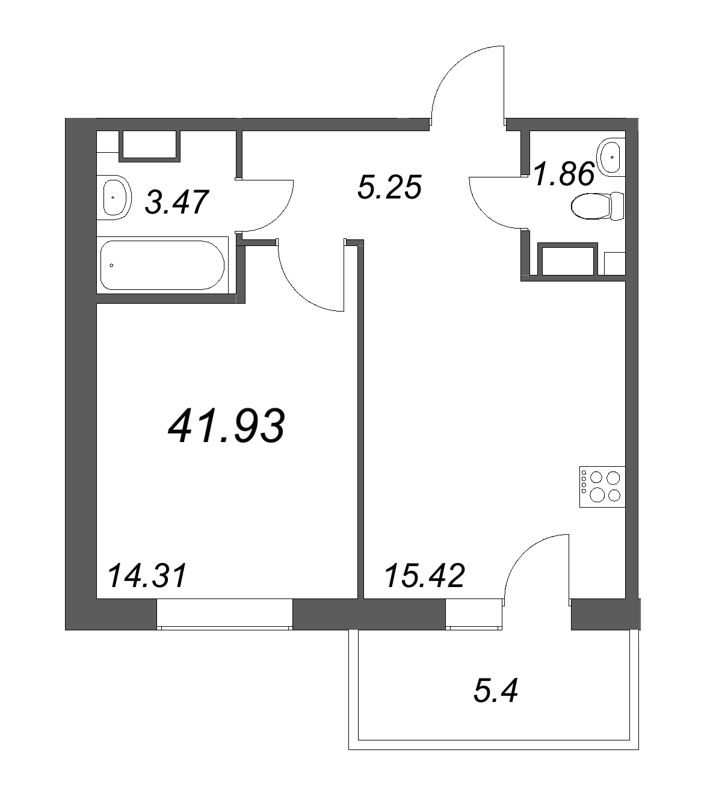 2-комнатная (Евро) квартира, 42.03 м² - планировка, фото №1
