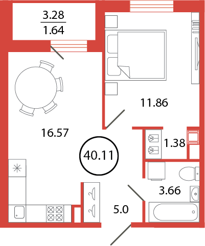 2-комнатная (Евро) квартира, 40.11 м² - планировка, фото №1