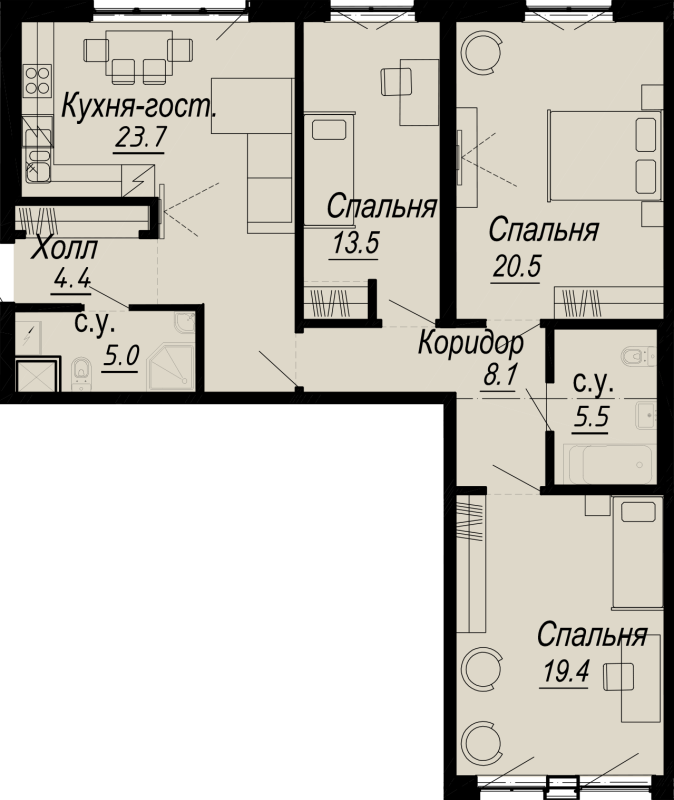 4-комнатная (Евро) квартира, 101.95 м² - планировка, фото №1