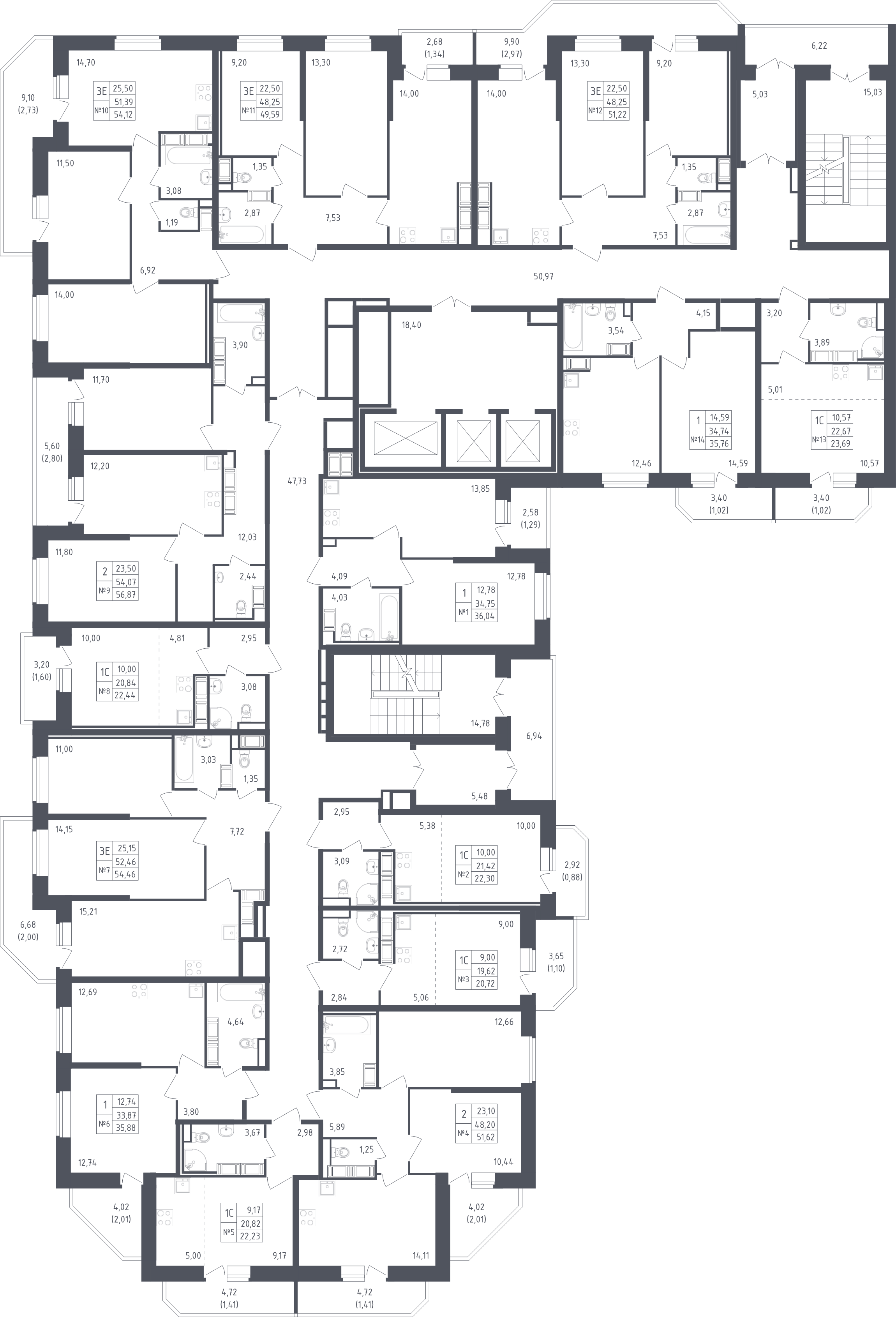 2-комнатная квартира, 51.62 м² - планировка этажа