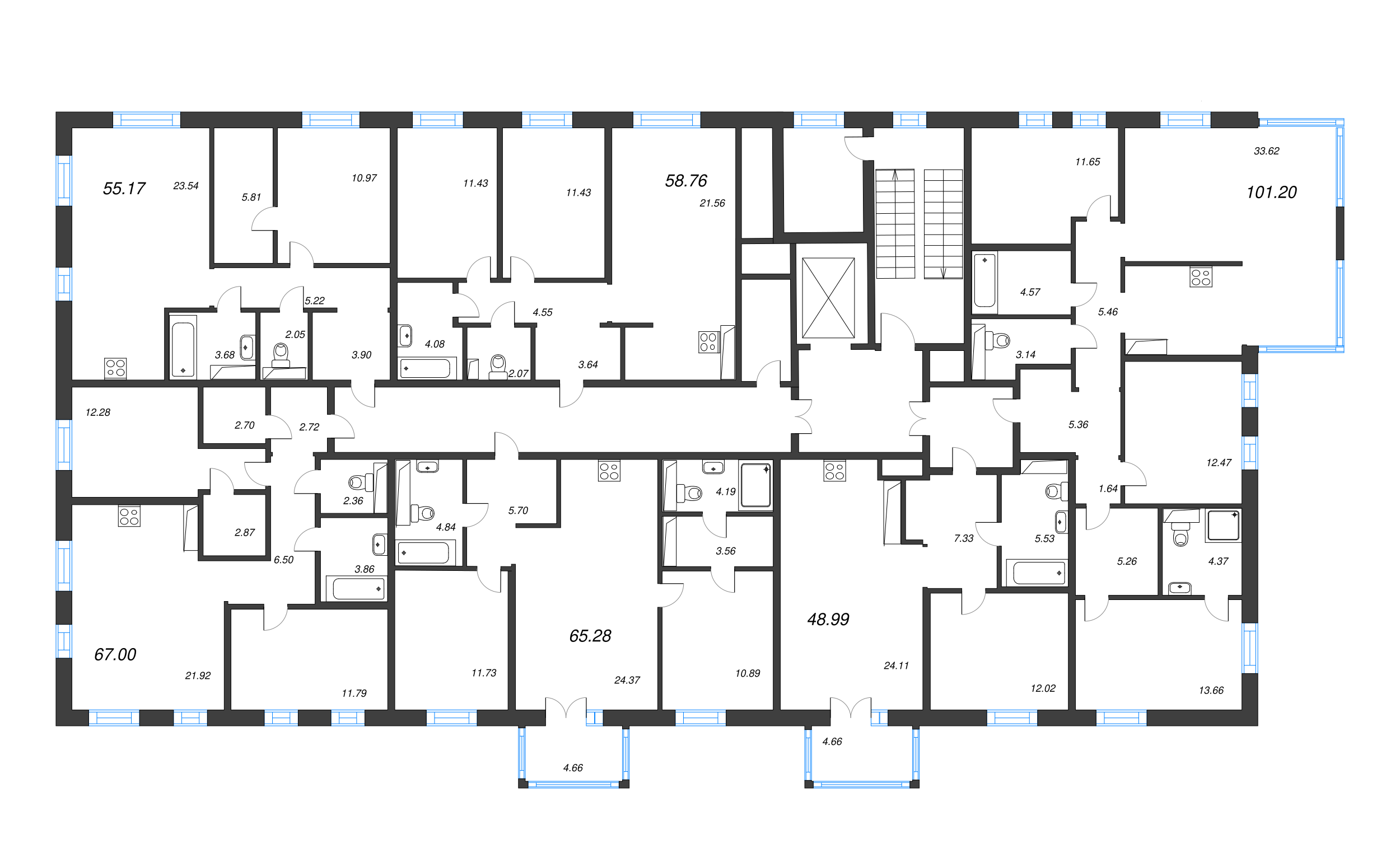 4-комнатная (Евро) квартира, 101.2 м² - планировка этажа