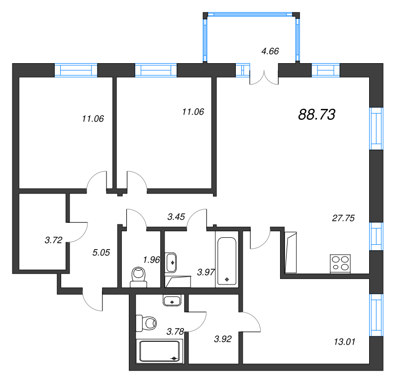 4-комнатная (Евро) квартира, 88.73 м² - планировка, фото №1