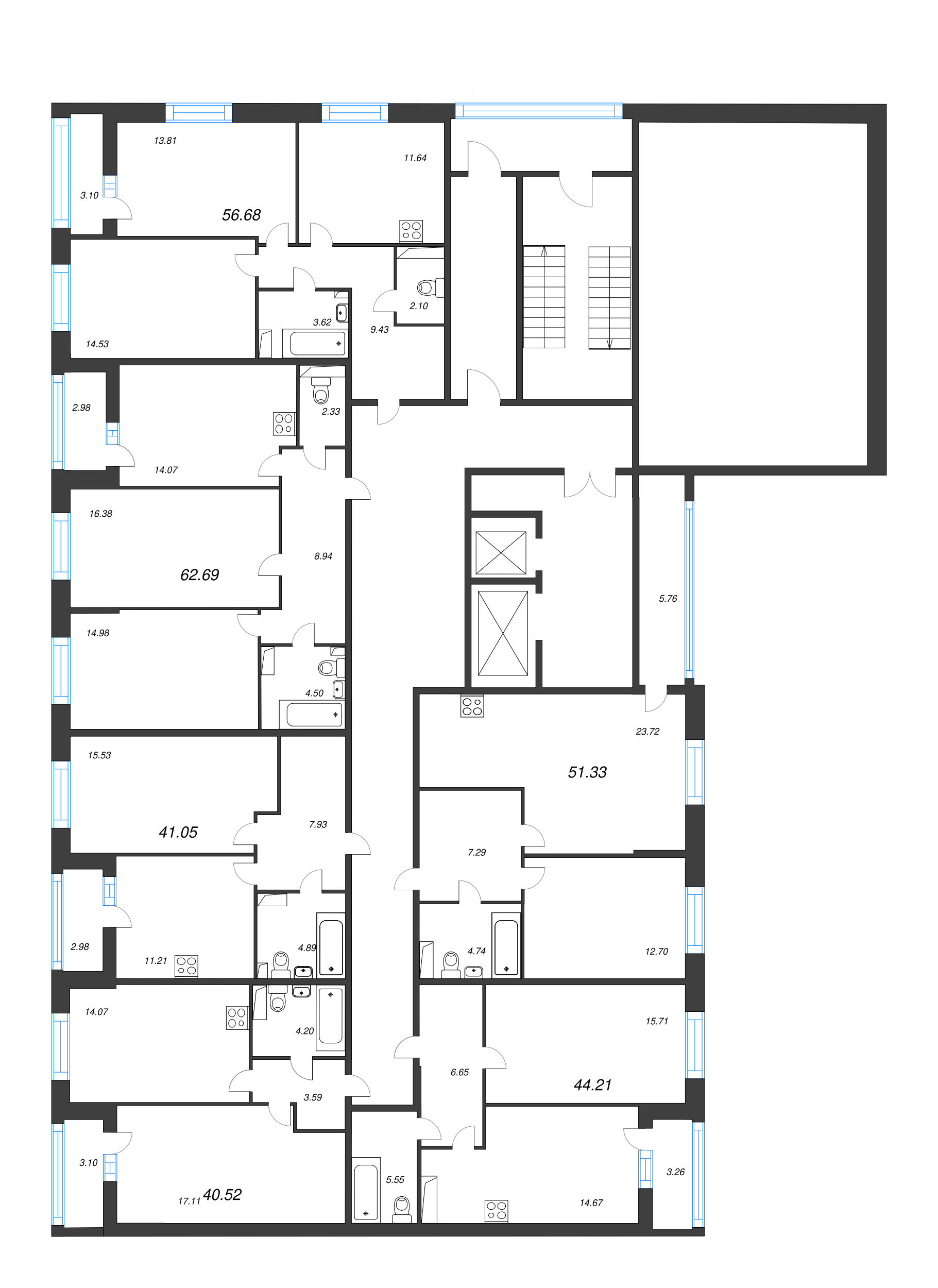 2-комнатная квартира, 56.68 м² - планировка этажа