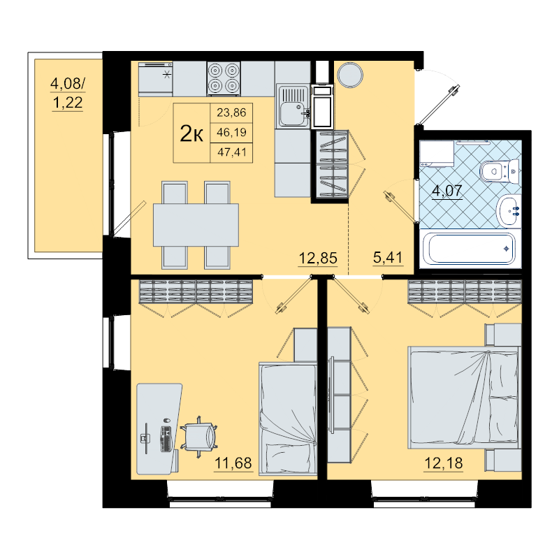 2-комнатная квартира, 47.4 м² - планировка, фото №1