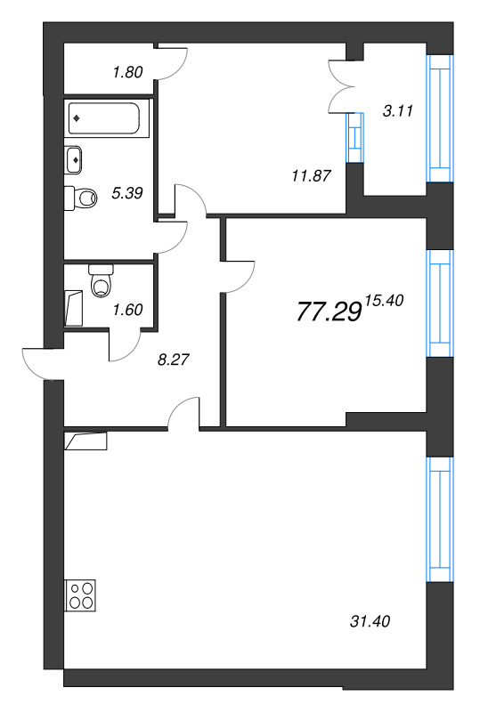 3-комнатная (Евро) квартира, 78.3 м² в ЖК "Наука" - планировка, фото №1