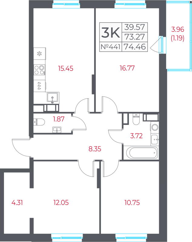 4-комнатная (Евро) квартира, 74.46 м² - планировка, фото №1
