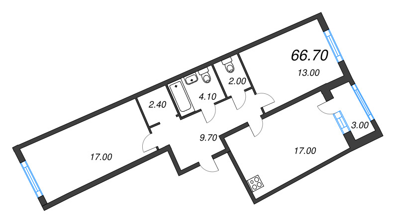 2-комнатная квартира, 66.7 м² в ЖК "Ягодное Река Парк" - планировка, фото №1