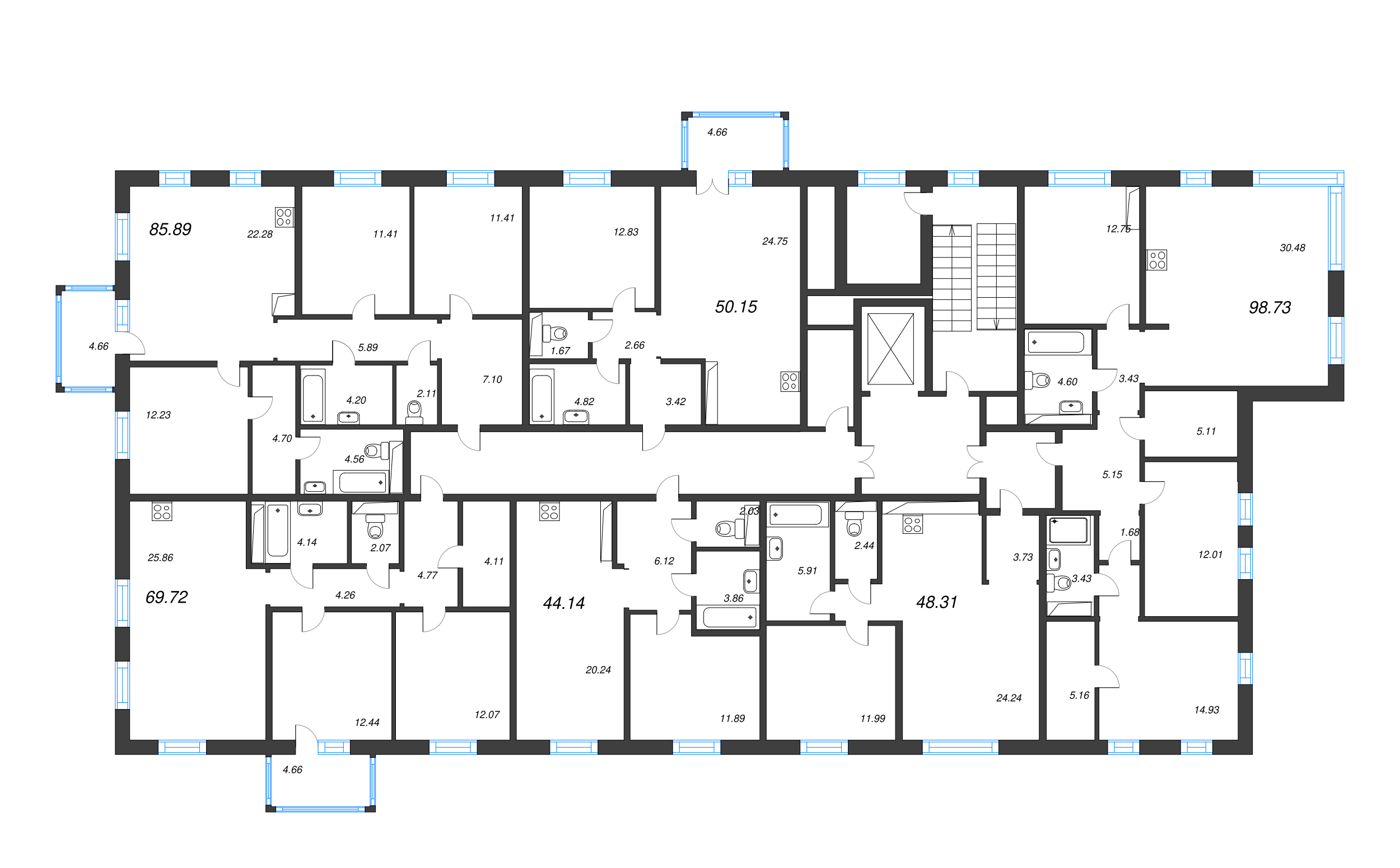 3-комнатная (Евро) квартира, 69.72 м² - планировка этажа