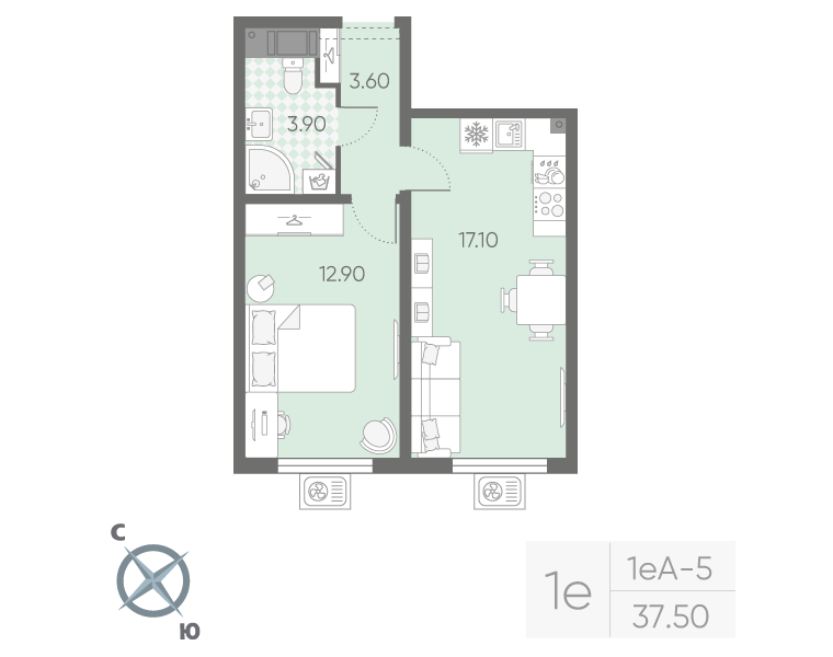 2-комнатная (Евро) квартира, 37.5 м² в ЖК "Ручьи" - планировка, фото №1