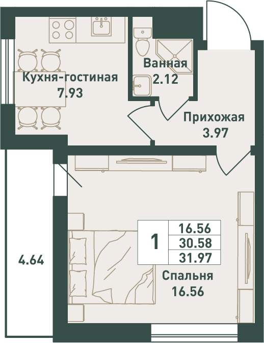 1-комнатная квартира, 31.97 м² в ЖК "Тандем" - планировка, фото №1