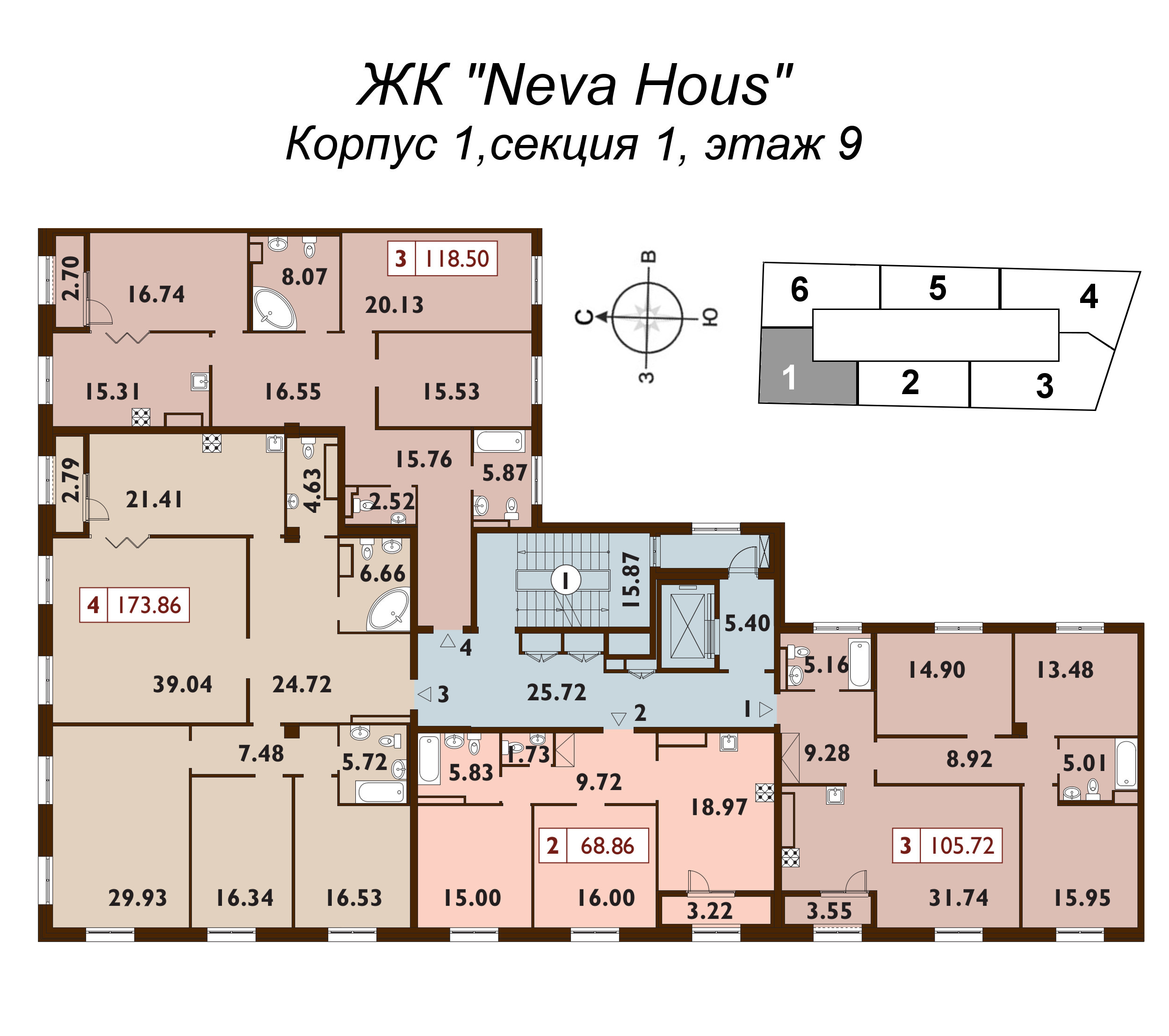 4-комнатная (Евро) квартира, 118.4 м² в ЖК "Neva Haus" - планировка этажа