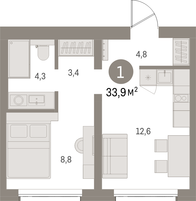 1-комнатная квартира, 33.9 м² в ЖК "Северный ветер" - планировка, фото №1
