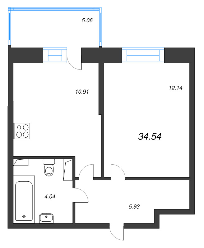 1-комнатная квартира, 34.54 м² в ЖК "Аквилон Stories" - планировка, фото №1