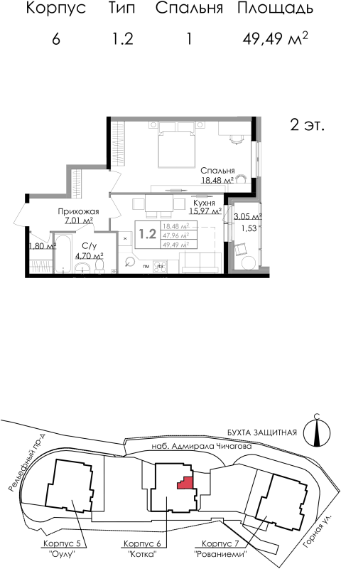 2-комнатная (Евро) квартира, 49.4 м² в ЖК "Малая Финляндия" - планировка, фото №1