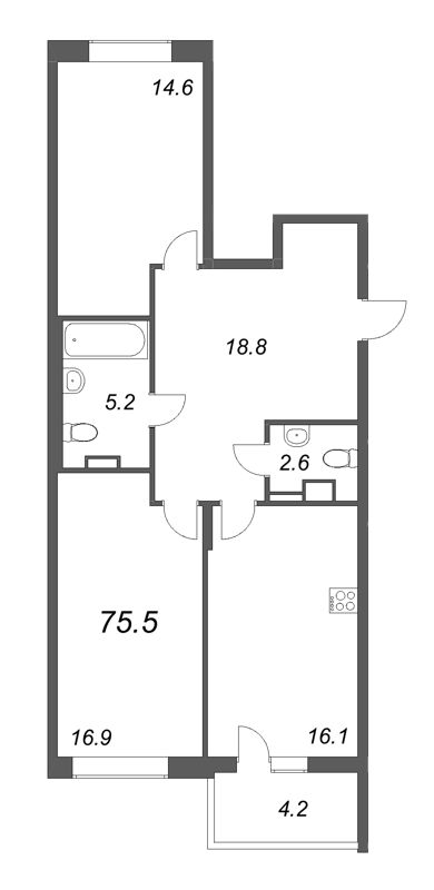3-комнатная (Евро) квартира, 75.5 м² - планировка, фото №1