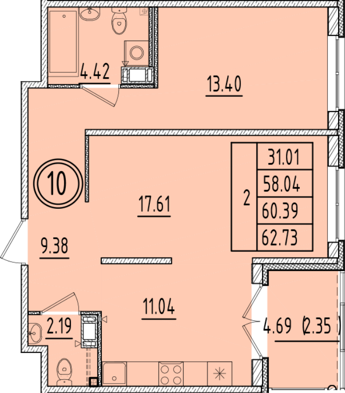 2-комнатная квартира, 58.04 м² в ЖК "Образцовый квартал 6.4" - планировка, фото №1
