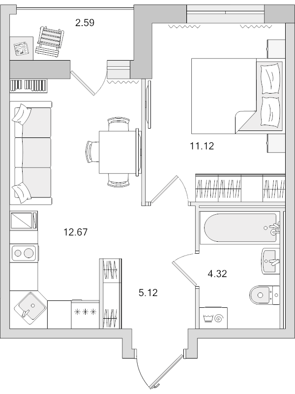1-комнатная квартира, 33.23 м² - планировка, фото №1