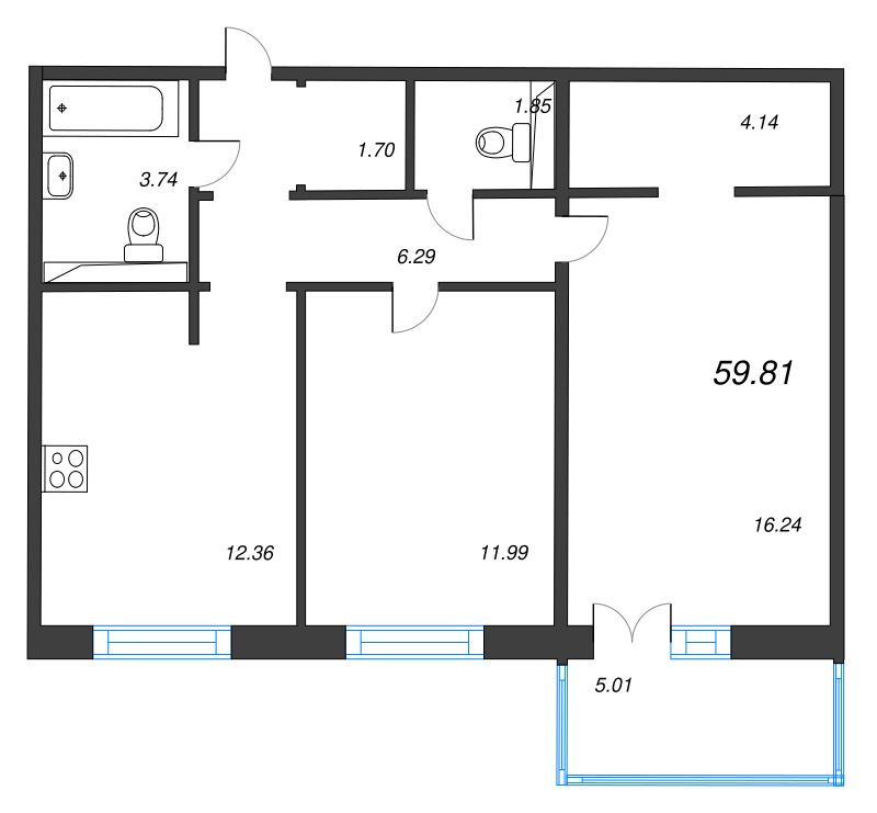 2-комнатная квартира, 57.3 м² в ЖК "Арт Парк" - планировка, фото №1
