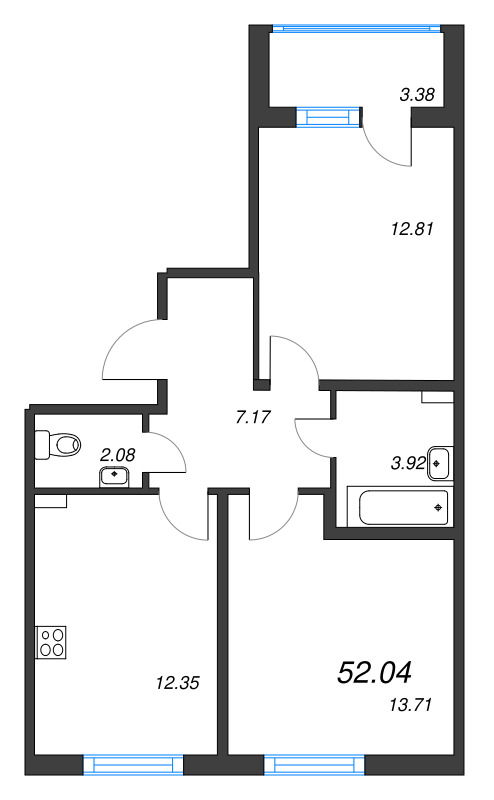 2-комнатная квартира, 52.04 м² - планировка, фото №1