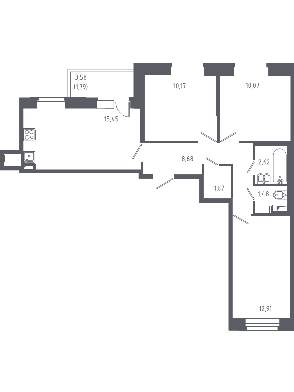 4-комнатная (Евро) квартира, 65.3 м² в ЖК "Новое Колпино" - планировка, фото №1