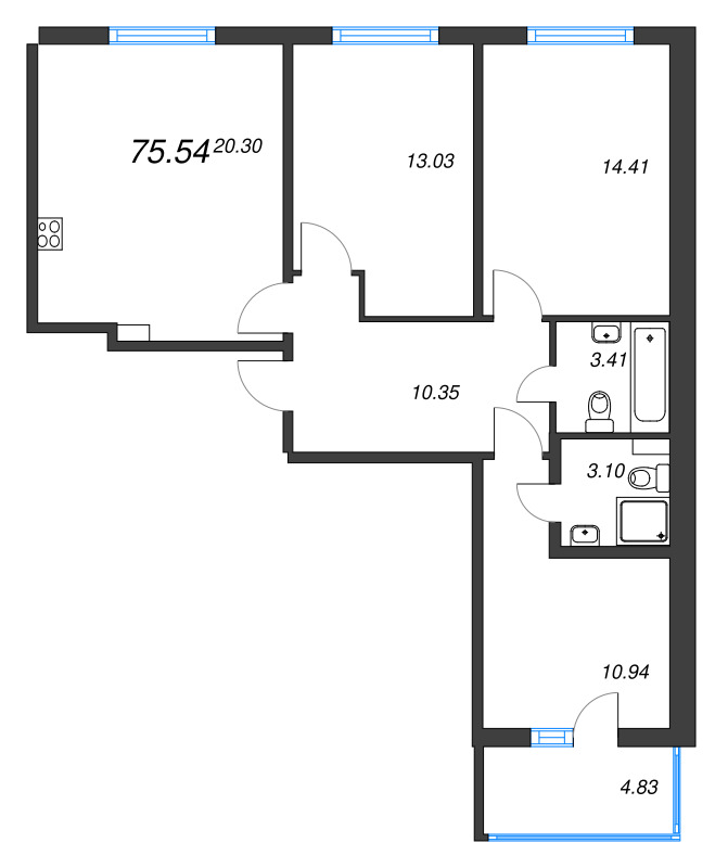 4-комнатная (Евро) квартира, 75.54 м² - планировка, фото №1