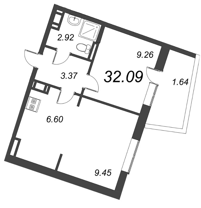 2-комнатная (Евро) квартира, 32.09 м² в ЖК "Курортный Квартал" - планировка, фото №1
