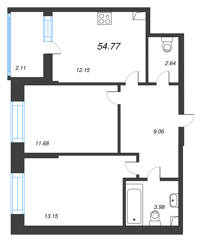 2-комнатная квартира, 54.77 м² - планировка, фото №1