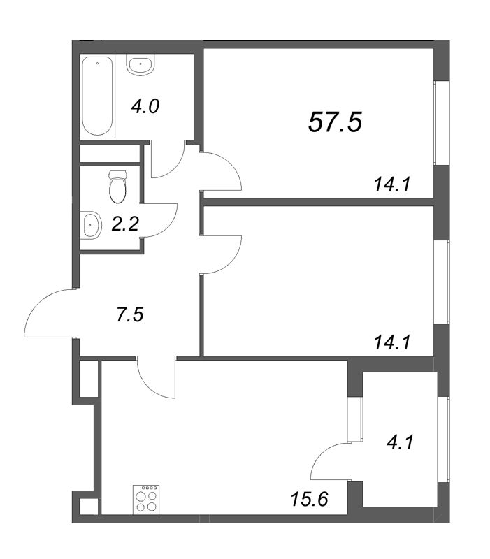 3-комнатная (Евро) квартира, 57.5 м² - планировка, фото №1