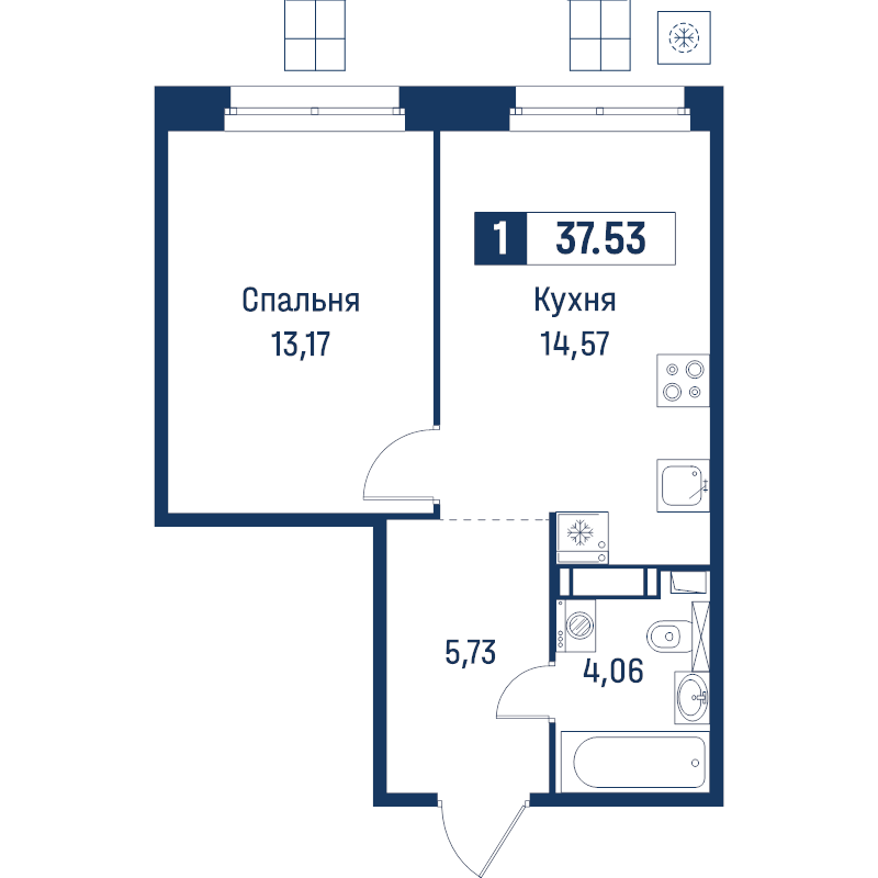 1-комнатная квартира, 37.53 м² в ЖК "Символист" - планировка, фото №1