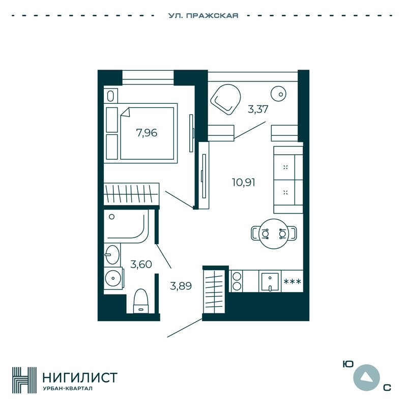1-комнатная квартира, 28.03 м² в ЖК "Нигилист" - планировка, фото №1