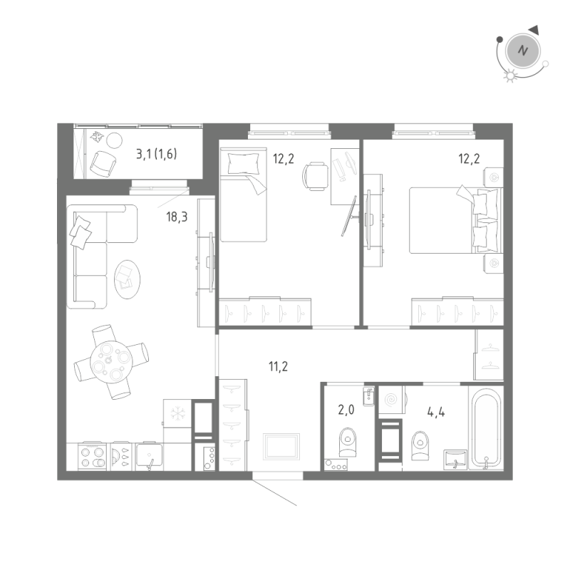 3-комнатная (Евро) квартира, 61.9 м² в ЖК "Клюква.Парк" - планировка, фото №1