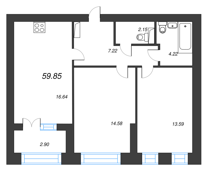 2-комнатная квартира, 59.85 м² - планировка, фото №1