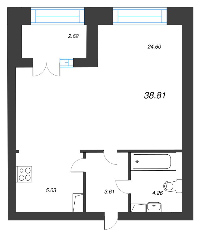 1-комнатная квартира, 41.3 м² - планировка, фото №1