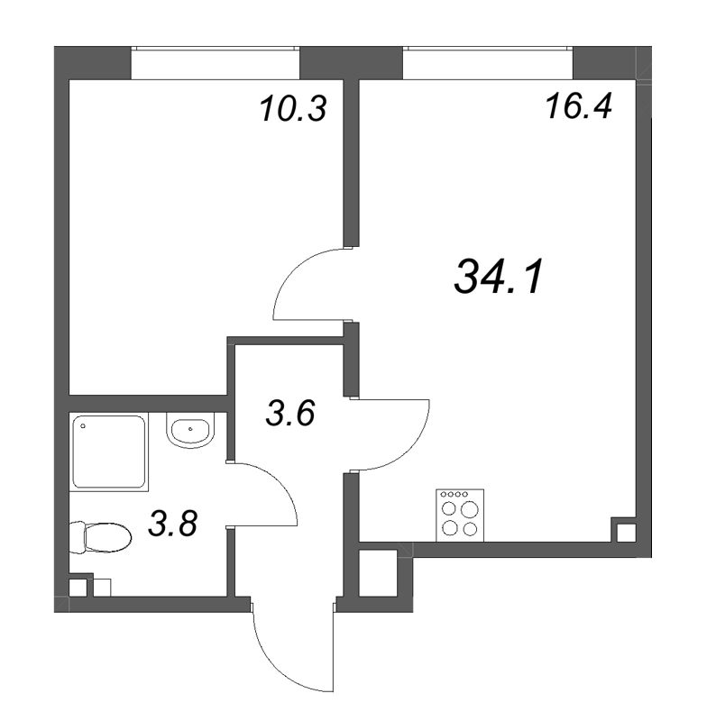 2-комнатная (Евро) квартира, 34.1 м² в ЖК "Пулково Lake" - планировка, фото №1