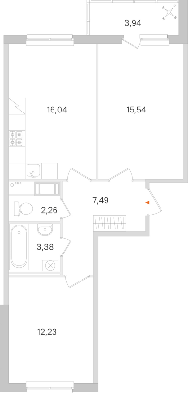 3-комнатная (Евро) квартира, 56.94 м² - планировка, фото №1