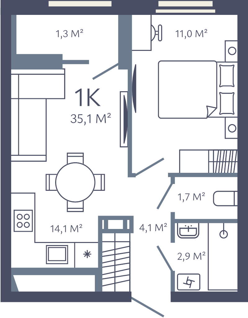 1-комнатная квартира, 35.1 м² в ЖК "Лендлер" - планировка, фото №1