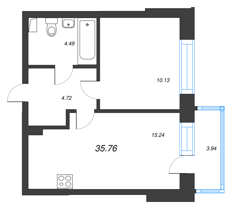 1-комнатная квартира, 35.76 м² в ЖК "Охтинские высоты" - планировка, фото №1