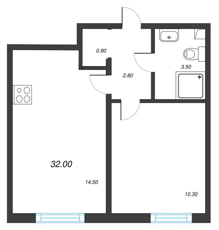 1-комнатная квартира, 32 м² в ЖК "Дыбенко Парк" - планировка, фото №1