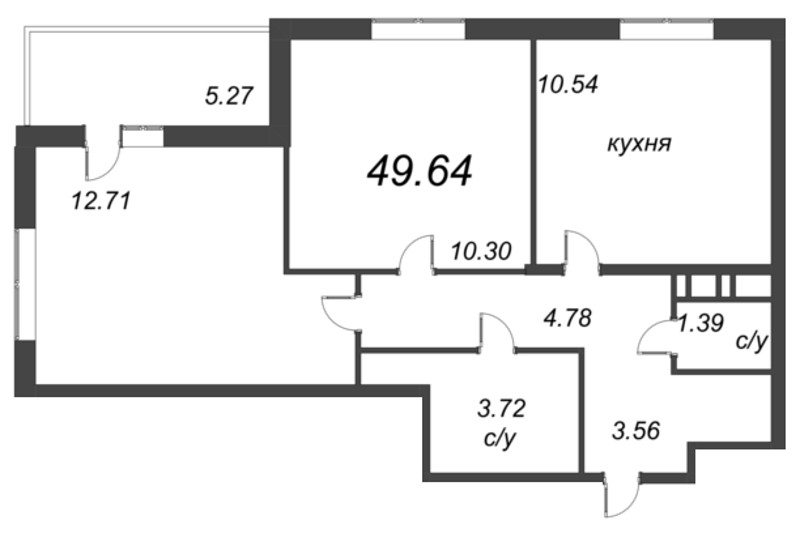 2-комнатная квартира, 52.27 м² - планировка, фото №1