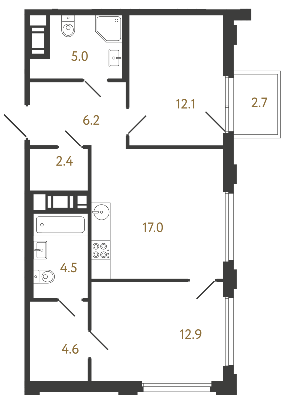 3-комнатная (Евро) квартира, 64.7 м² в ЖК "Гений" - планировка, фото №1