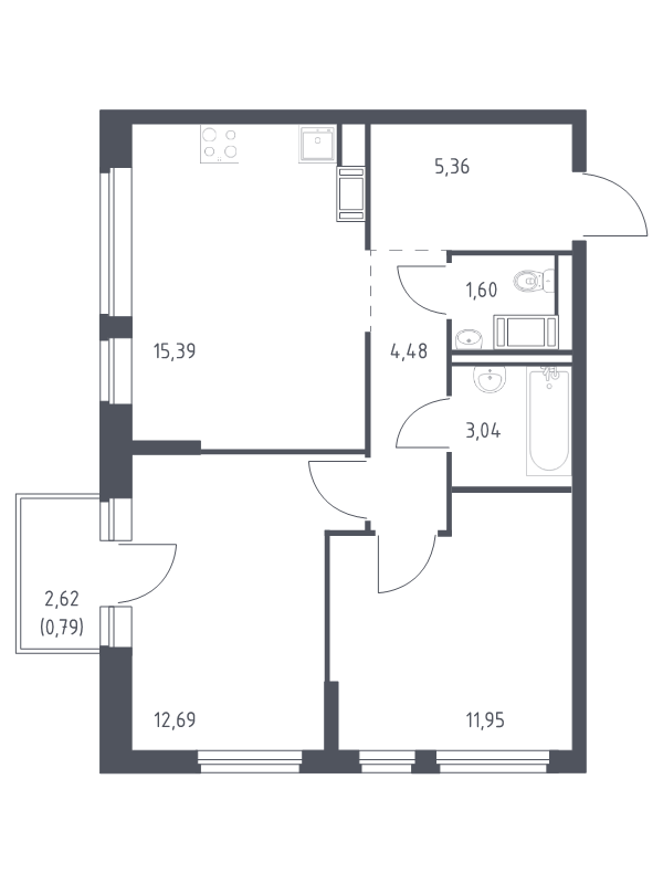 3-комнатная (Евро) квартира, 55.3 м² в ЖК "Новое Колпино" - планировка, фото №1