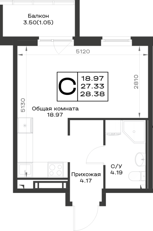 Квартира-студия, 28.38 м² в ЖК "Имена" - планировка, фото №1