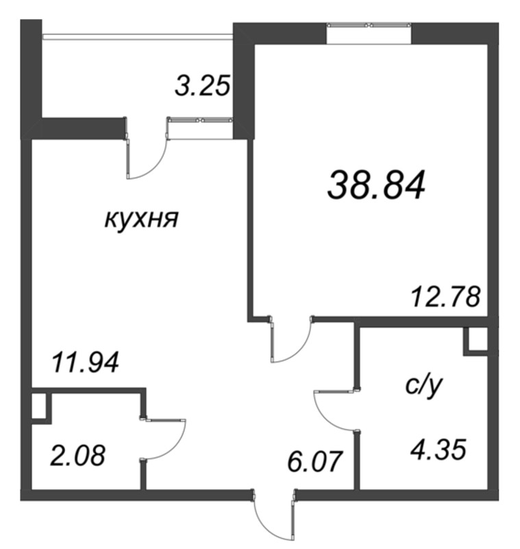 1-комнатная квартира, 38.84 м² - планировка, фото №1