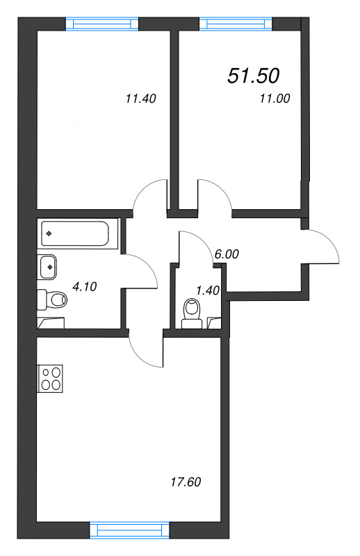 3-комнатная (Евро) квартира, 51.5 м² в ЖК "ЛСР. Ржевский парк" - планировка, фото №1