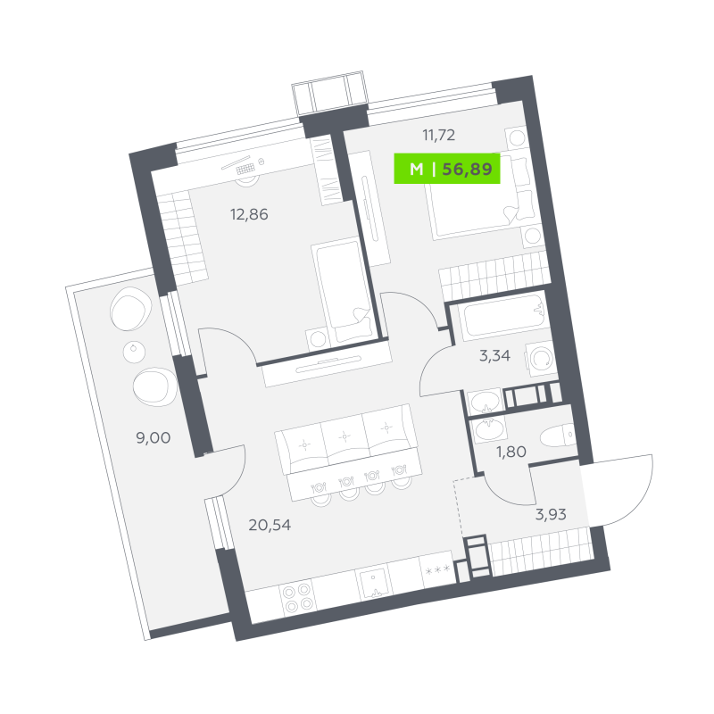 3-комнатная (Евро) квартира, 56.89 м² в ЖК "Аквилон РИВА" - планировка, фото №1