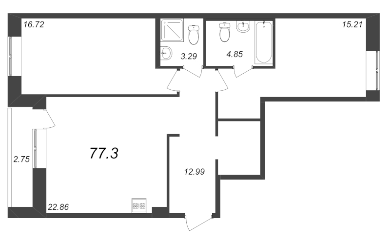3-комнатная (Евро) квартира, 77.3 м² - планировка, фото №1