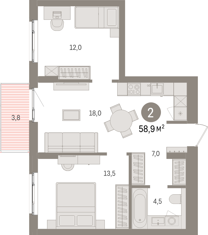 3-комнатная (Евро) квартира, 58.9 м² в ЖК "Брусника в Новоселье" - планировка, фото №1